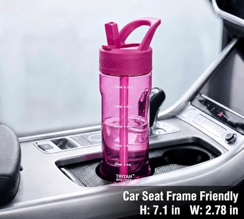 OLDLEY 20oz Kids Water Bottle with Straw, BPA-Free Tritan Water Bottle for School, Leakproof Clear Water Bottle with One Click Open, Measurement Scale, Cup Holder Friendly for Boys Girls,Fuchsia - color: Fuchsia