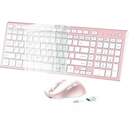FENIFOX Wireless Keyboard and Mouse, Rechargeable USB C Combo Silent Quiet Compact Full Size Flat with Number Pad Soft Cover for Mac MacBook iMac Windows PC Laptop Computer Office - Pink & Rose Gold - color: Pink Rose Gold