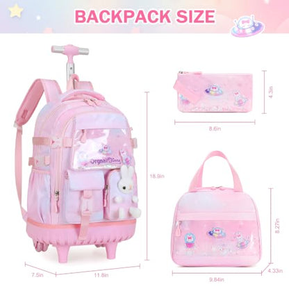 FIXITOK Rolling Backpack for Girls, Kawaii Bunny Roller Wheels School Backpacks with Lunch Bag Pencil case, Wheeled Suitcase Bookbag for Elementary Travel Dreamy-Pink - color: Dreamy-pink