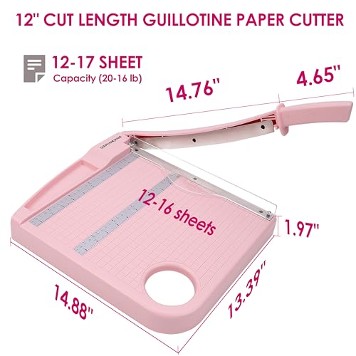 12" Paper Cutter, Precision Cut with Safety Protection and Blade Lock, 12 Sheet Capacity, Great for Cardstock, Cardboard, Photo, Vinyl, Crafts, Scrapbook (Pink) - color: Pink
