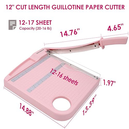 12" Paper Cutter, Precision Cut with Safety Protection and Blade Lock, 12 Sheet Capacity, Great for Cardstock, Cardboard, Photo, Vinyl, Crafts, Scrapbook (Pink) - color: Pink