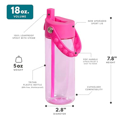 Elemental Water Bottles for Kids - Splash Kids Water Bottle for School with Pop-it Handle - BPA Free Tritan Plastic Water Bottle with Straw Leak Proof when Spout is Closed - Hot Pink - 18oz - color: Hot Pink