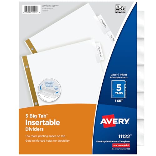 Avery 5-Tab Binder Dividers, Insertable Clear Big Tabs, 1 Set (11122) - style: 1 Set