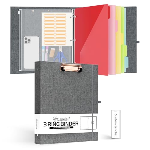 Ospelelf 3 Ring Binder 1 Inch Linen Binder Organizer with Zipper Pouch, Hardcover Clipboards with Storage (8.5" x 11"), 5 Dividers with 10 Pockets, School Binder, Darkgrey - color: Darkgrey, size: 1in (Letter Size)