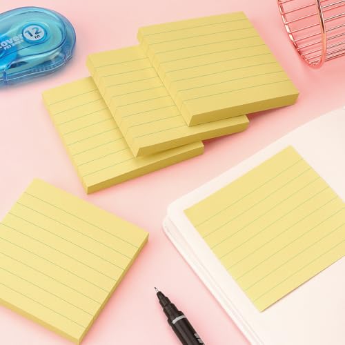 Lined Sticky Notes 3x3 in, Self-Adhesive, 4 Pads, 90 Sheets/Pad (Yellow) | Strong Self-Adhesive Backing, Sticks Firmly and Removes Cleanly - color: Yellow