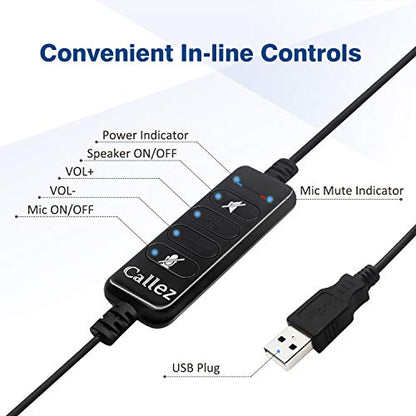 Callez USB Headset with Microphone Noise Cancelling & Audio Controls, Wideband Computer Headphones for Business UC Skype Lync Softphone Call Center Office, Clearer Voice, Super Light, Ultra Comfort