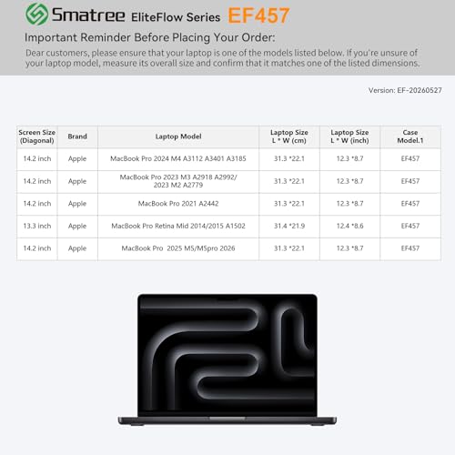 Smatree EliteFlow Laptop Sleeve for 14.2 inch Apple MacBook Pro 2026 M5/2025 M5/2024 M4 A3401/2023 M3/M2/2021 A2442, for 13.3 inch Apple MacBook Pro Retina Mid 2014/2015 A1502, Protective Case (EF457) - size: 1.07| for APPLE 14.2" MacBook Pro/Retina(EF457