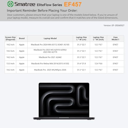 Smatree EliteFlow Laptop Sleeve for 14.2 inch Apple MacBook Pro 2026 M5/2025 M5/2024 M4 A3401/2023 M3/M2/2021 A2442, for 13.3 inch Apple MacBook Pro Retina Mid 2014/2015 A1502, Protective Case (EF457) - size: 1.07| for APPLE 14.2" MacBook Pro/Retina(EF457