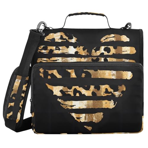 3 Ring Zipper Binder with Shoulder Strap Leopard Skin Golden Heart 1.5 inch Binders Keeper Large Capacity Multi Pockets for School Office Supplies - color: Multi472, size: Fit 500 Sheets