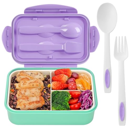 Bento Boxes for Adults - 1100 ML Lunch Box Container For Kids Women With Built-in Spoon & Fork - Durable for On-the-Go Meal, BPA-Free and Food-Safe Materials（Purple Green） - color: Purple Green