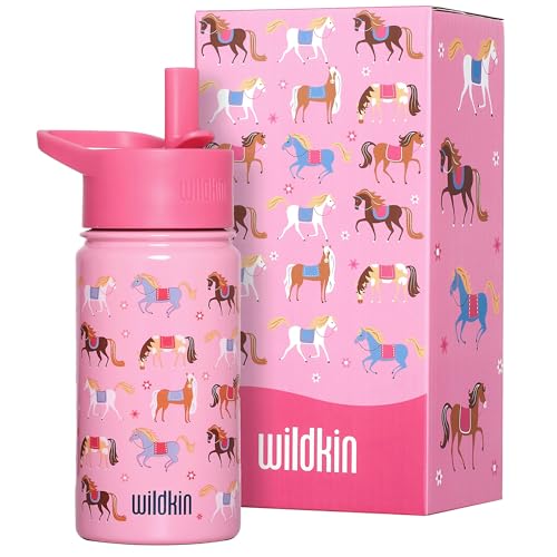 Wildkin Kids Stainless Steel Water Bottle, 14oz, Horses | 14oz insulated steel water bottle — coordinates with matching Wildkin backpacks and lunch boxes - color: Horses, size: 14 Oz