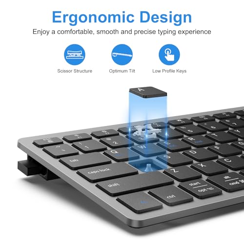 OMOTON Compact Wireless Keyboard for PC/Tablet, USB-C USB-A, Grey | 2.4G wireless with Scissor-Switch quiet keys. Ultra-slim, ergonomic, auto-sleep, 6-month battery. For office, travel & home - color: Grey
