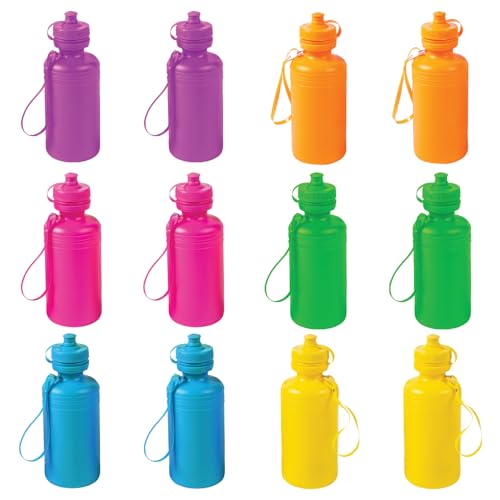 Fun Express Kids Water Bottles Bulk 12 Pack - Plastic 18 oz Leak Proof Squeeze Bottles with Pop Top Lids & Straps | Perfect for School, Sports Teams, Birthday Parties & Fundraising Events