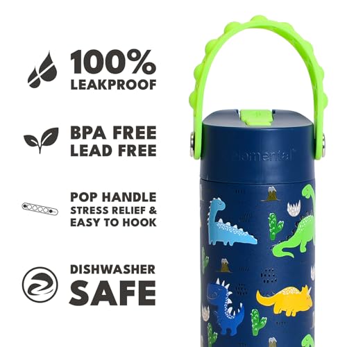 Elemental Insulated Kids Water Bottle, Stainless Steel Water Bottle with Straw Lid & Pop-It Handle, Leak-Proof Water Bottles for School, Boys or Girls, Travelling and Sports, 18oz - Dinosaur - color: Dinosaur