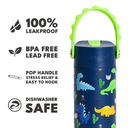 Elemental Insulated Kids Water Bottle, Stainless Steel Water Bottle with Straw Lid & Pop-It Handle, Leak-Proof Water Bottles for School, Boys or Girls, Travelling and Sports, 18oz - Dinosaur - color: Dinosaur
