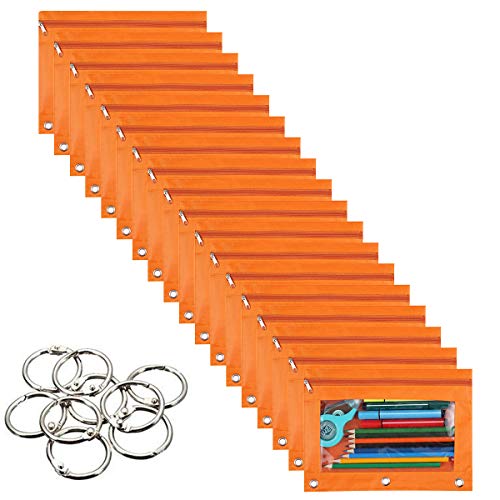 18-Packs 3 Ring Pencil Pouch with Clear Window School Classroom Binder Pocket Case Office Stationery Bag Orange - color: orange