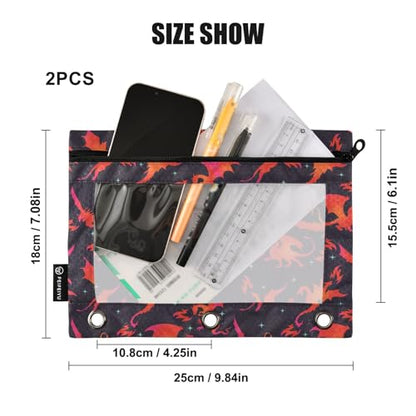 Dragon Fire Black Pencil Pouch for 3 Ring Binder 2 Pcs Binder Pouches with Zipper Pocket Pencil Case Bag with Clear Window for Office Work School Supplies - color: Dragon Fire Black
