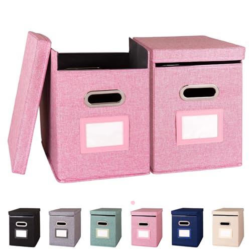 2 Pack Hanging File Folders Organizer with Lid, Letter Size Fabric File Storage Box Collapsible, Portable Office Document Holder with Metal Handle, Smooth PVC Rails, Pink - color: Pink, size: 2 Pack
