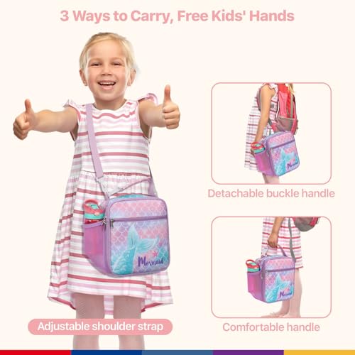 Bagseri Kids Lunch Bag with Shoulder Strap - Insulated School Lunch Box | Easy Carry Handle, Leak Proof, Water Bottle Holder, Roomy Toddler Lunch Box for Snacks, Drinks, Picnics, Trip, Purple Mermaid - color: B Purple Mermaid Tail, size: Crossbody Strap S