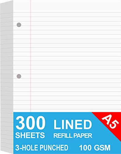 (3-Pack) A5 Filler Paper, 3 Hole Planner Refills, Organizer, Loose-leaf Binder Paper, Total 300 Sheets/600 Pages, Lined, 100gsm, White, 5.8 x 8.2 Inch, 3 Hole Filler Paper, Mini Binder Refill Inserts - size: 300 Sheets