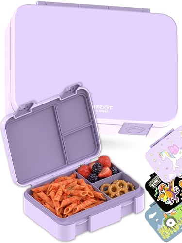 BEARFOOT Kids Lunch Box with Compartments – Compact & Lightweight | Leak-Proof, BPA-Free, Dishwasher Safe | Hand-Drawn Design for Preschool, School, Travel (Purple, 4 Cups) - color: Purple, size: 4 Cups