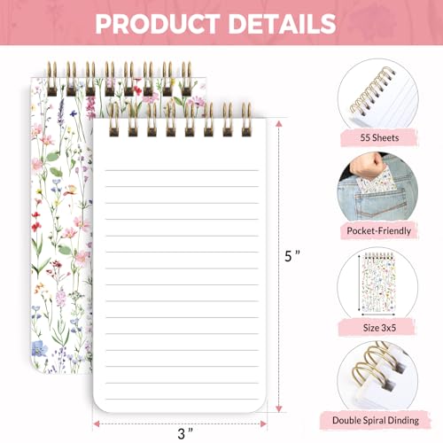 SKYDUE Small Notebooks, 3x5 Pocket Notepads with Aesthetic Covers, Mini Spiral Notebook with Lined Pages for Work Nursing School Essentials, Set Of 8 - color: Flowers