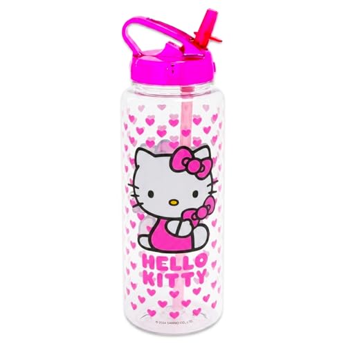 Hello Kitty Reusable Water Bottle - Bundle with Plastic Water Bottle with Spout for Home, School, Sports Plus Sticker, More