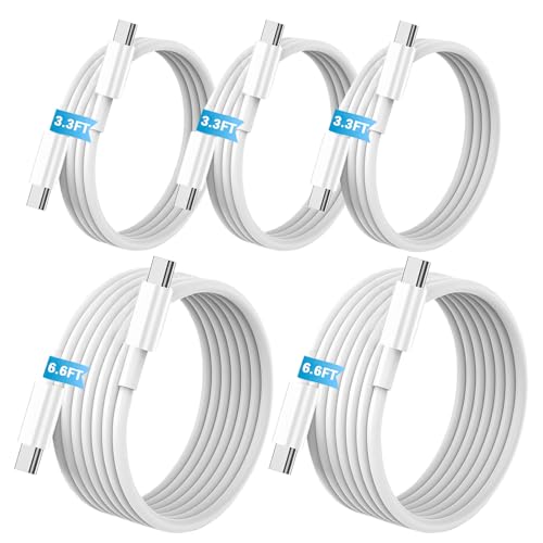 [5-Pack] USB C to C 60W Fast Charging Cable, 480 Mbps Data Transfer【2*6.6ft+3*3.3ft】, PD 3.0 compatible with iPhone 15/16 Plus Pro Pro Max, MacBook Pro/Air, Pad Pro/Air/mini and more（White） - size: 3.3ft+3.3ft+3.3ft+6.6ft+6.6ft