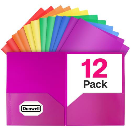 Dunwell Colored Plastic Folders with Pockets - (12 Pack, Assorted Colors), 2-Pocket 8.5x11 Folders for School and Office, Heavy Duty Long Lasting Poly, Includes Labels - color: Assorted 6 Colors, size: 12 Pack