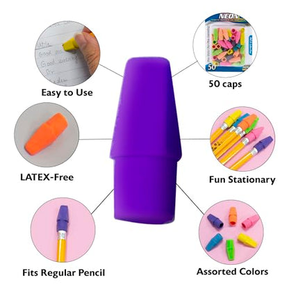 BAZIC Products Neon Pencil-Top Eraser Caps, Latex-Free, PVC-Free, 24-Box | non-abrasive, Slide onto standard pencils, Bulk classroom pack, 50 Coun - color: 50-count, size: 24-Pack