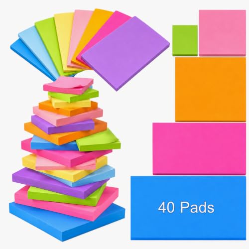 Thenshop 40 Pads Assorted Sizes Sticky Notes Set Self Stick Notes Bright 8 Colors Adhesive Sticky Pad for Home Office Notebook School Post Memos, 2000 Sheets