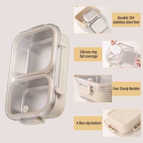 Stainless Steel Lunch Box with 2 Compartments, Leakproof, 30.5 oz Food Storage Containers, Bento Box for Adults,Men,Women(Beige) - color: Beige