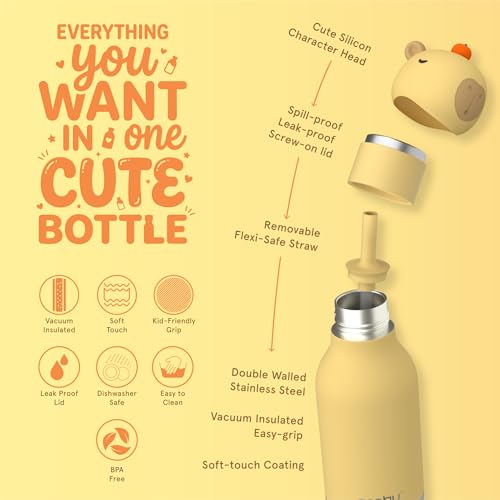 asobu Bestie Bottle Limited Edition Collectible Kids Water Bottle with Animal Character Lid 16oz (460ml) Insulated Stainless Steel, Leakproof, Reusable with Straw Fun Gift for Girls & Boys - color: MOCHI THE CAPYBARA