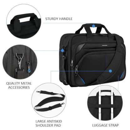 KROSER Laptop Bag 17.3 Inch Premium Laptop Briefcase, Expandable Water Repellent Laptop Shoulder Messenger Bag Durable Computer Case for Business/Travel/Men/Women (Black/Blue) | Expandable design, padded laptop compartment, luggage strap for business and