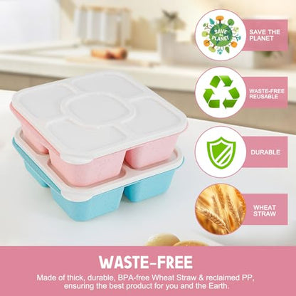 Original Lunchable Snack Containers - 5 Compartments Bento Snack Boxes with 1 Leakproof Small Containers, Wheat Straw, BPA-Free, Set of 2 (Bule+Pink) - color: Bule+Pink