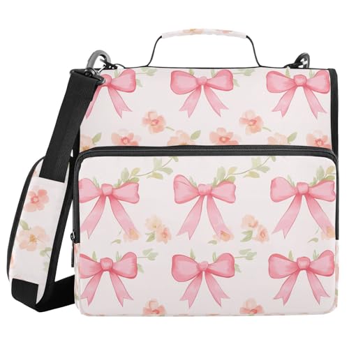 Watercolor Flowers and Pink Bows Zipper Binder with Shoulder Strap Bag 3 Ring Binder Organizer Large Capacity Multiple Compartments for School Office - color: Multicolored