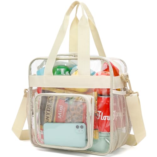 FlowFly Clear Bag for Stadium Events With Shoulder Strap for Women, Men, Large and Reusable Lunch Container, Work and Sporting Events, Travel 12x6x12 Clear Tote Bag, Clear#Biege - color: Clear#Biege