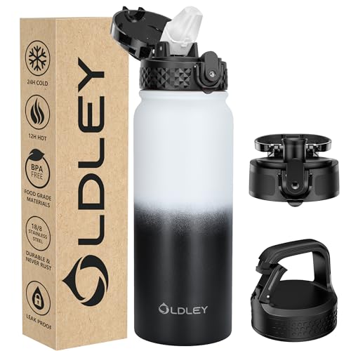 Oldley Insulated Water Bottle 20oz Water Bottles with Straw, Stainless Steel Water Bottle with 3 Lids, Double Wall Vacuum Thermo for Adults Kids,Leak-Proof Sport Bottles for School Travel, White Black - color: White Black, size: 20 Ounces