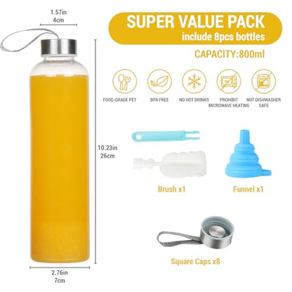 novelinks 27 OZ Plastic Water Bottles Reusable Water Bottles with Airtight Juice Bottle with Stainless Steel Lids for Eco-Friendly Travel Drinks and Beverages,8 Pack