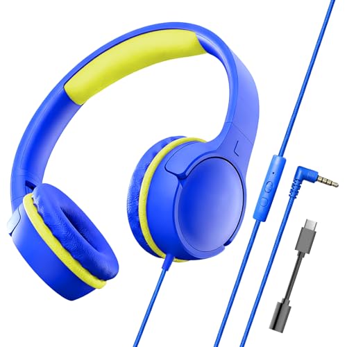 Kids Wired Headphones for School, Over-Ear Children's Headphones with Microphone, Foldable 85/94dB Volume Limited Headphones, 3.5mm & USB-C Compatible(Blue Lemon) - color: Blue Lemon