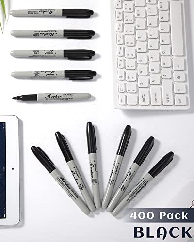 Thenshop 400 Pack Black Permanent Markers Bulk - Fine Point Permanent Marker Quick Drying Waterproof Pens for Doodling Writing Marking Classroom Work on Wood Metal Stone Glass, Office School Supplies