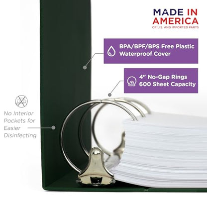 Carstens 4-Inch Heavy Duty 3-Ring Binder - Side Opening, Forest Green, Durable Plastic, Precision No-Gap Rings, Waterproof Cover, No Pockets, Holds 600 US Letter Sheets, BPA-Free Made in USA (1850-3R) - color: Hunter Green, size: Individual