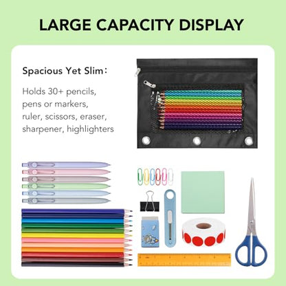 Pencil Pouch for 3 Ring Binder, Zipper Pen Case Bag with 3 Reinforced Grommets, Clear Window & Mesh Pocket, Binder Pouch School Office Supplies for Boys Girls (Black)
