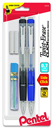 Pentel Twist Erase Click Automatic Pencil with 2 Eraser Refills and Lead, 0.7mm, Assorted Barrels, Color May Vary, 2 Pack (PD277TLEBP2) - size: 2 Count (Pack of 1), style: 0.7 mm