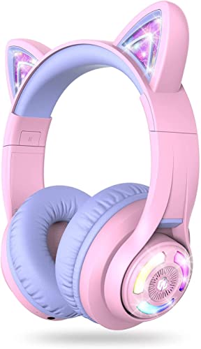 iClever BTH13 여아용 아동용 블루투스 헤드폰, LED 고양이 귀 여행 선물 | SafeSound Tech, 50시간 재생, USB C 충전, AUX 케이블, 스테레오 사운드, 태블릿용 마이크가 있는 아동용 헤드폰 무선, 퍼플 - color: 라이트 퍼플