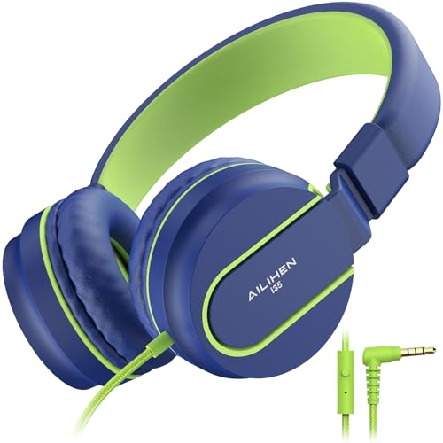 AILIHEN Kids Headphones, I35 On-Ear Headphones for School, Safe Volume 93dB, HD Mic Stereo Headphone for Kid Girls Boys, Foldable 3.5mm Wired for Chromebook, Laptop, Computer, Tablet (Blue Green) - color: Blue Green