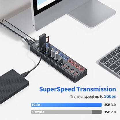 Powered USB Hub, JESWO 11-Port USB 3.0 Hub (7 Data Transfer Ports + 4 Smart Charging Ports) with Individual LED On/Off Switches, USB Hub Powered with 12V/3A Power Adapter for Mac, PC - style: 7+4 USB 3.0 Hub