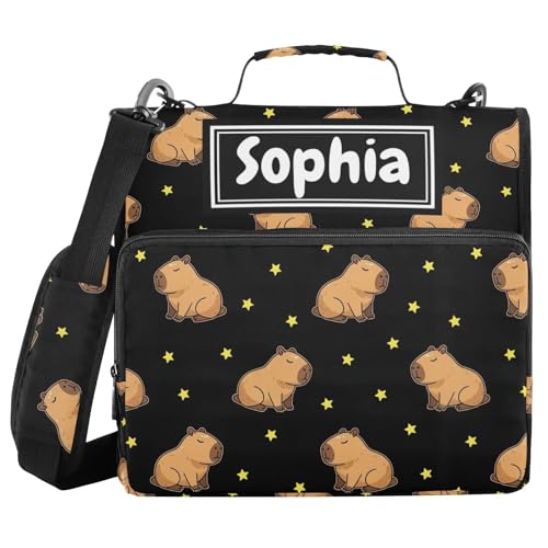 Capybara Stars Black Print Custom Zipper Binder Bag 3 Ring with Shoulder Strap & Handle Personalized Binder Bag Expandable File Folder for School - color: Multi-capybara Stars Black