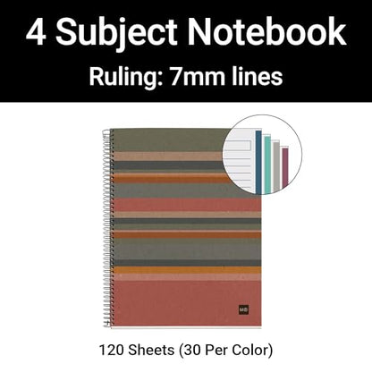 ROARING SPRING M MiquelRius 100% Recycled Collection, Lined 4 Subject Notebook,11" x 8.5", 120 Perforated Sheets, Colored Sections, 3 Hole Punched, Eco Stripes Cardboard Cover