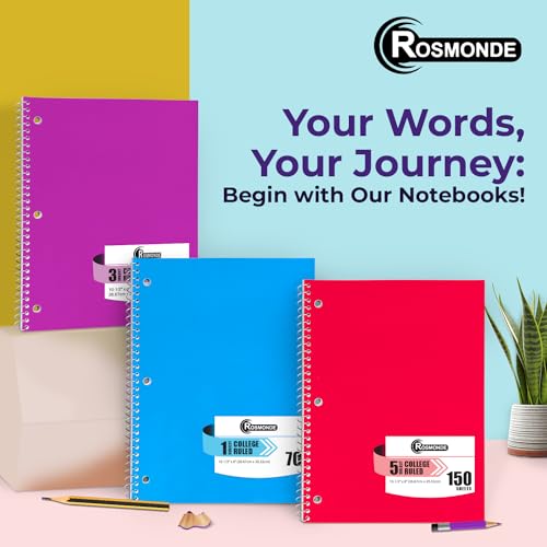 Rosmonde 6 Pack, 5 Subject Notebook College Ruled, 150 Sheets (300 Pages) | Thick Paper Fights Ink Bleed, 3 Hole Punched, 300 Pages, 8 x 10-1/2", 5 Subject College Ruled Spiral Notebooks for School - size: 6 Pack, style: 5 Subject - Soft Cover